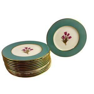 12 pc Vintage Lenox Bradford Tulip Collection Turquoise Gold Rim 6" Salad Plates